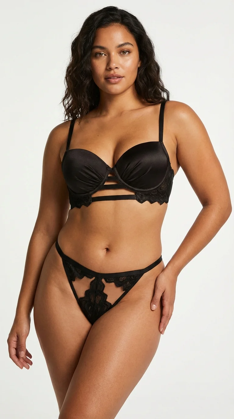 LunaIntim Siyah Saten Görünümlü Sütyen Takımı Şerit Detaylı ve Pencereli Modern Set - Pencereli Modern Tasarım Detayı